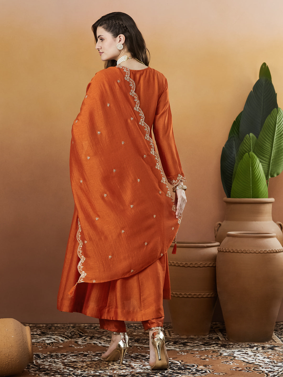 Orange Silk Embroidered Anarkali Kurta And Dupatta set