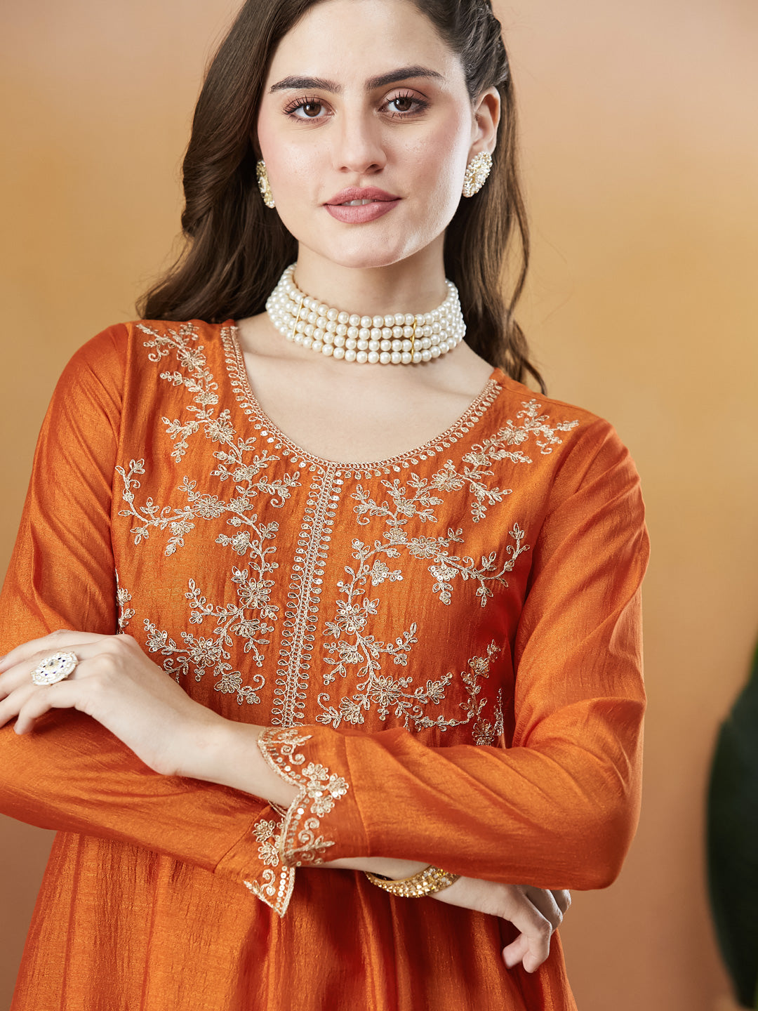 Orange Silk Embroidered Anarkali Kurta And Dupatta set