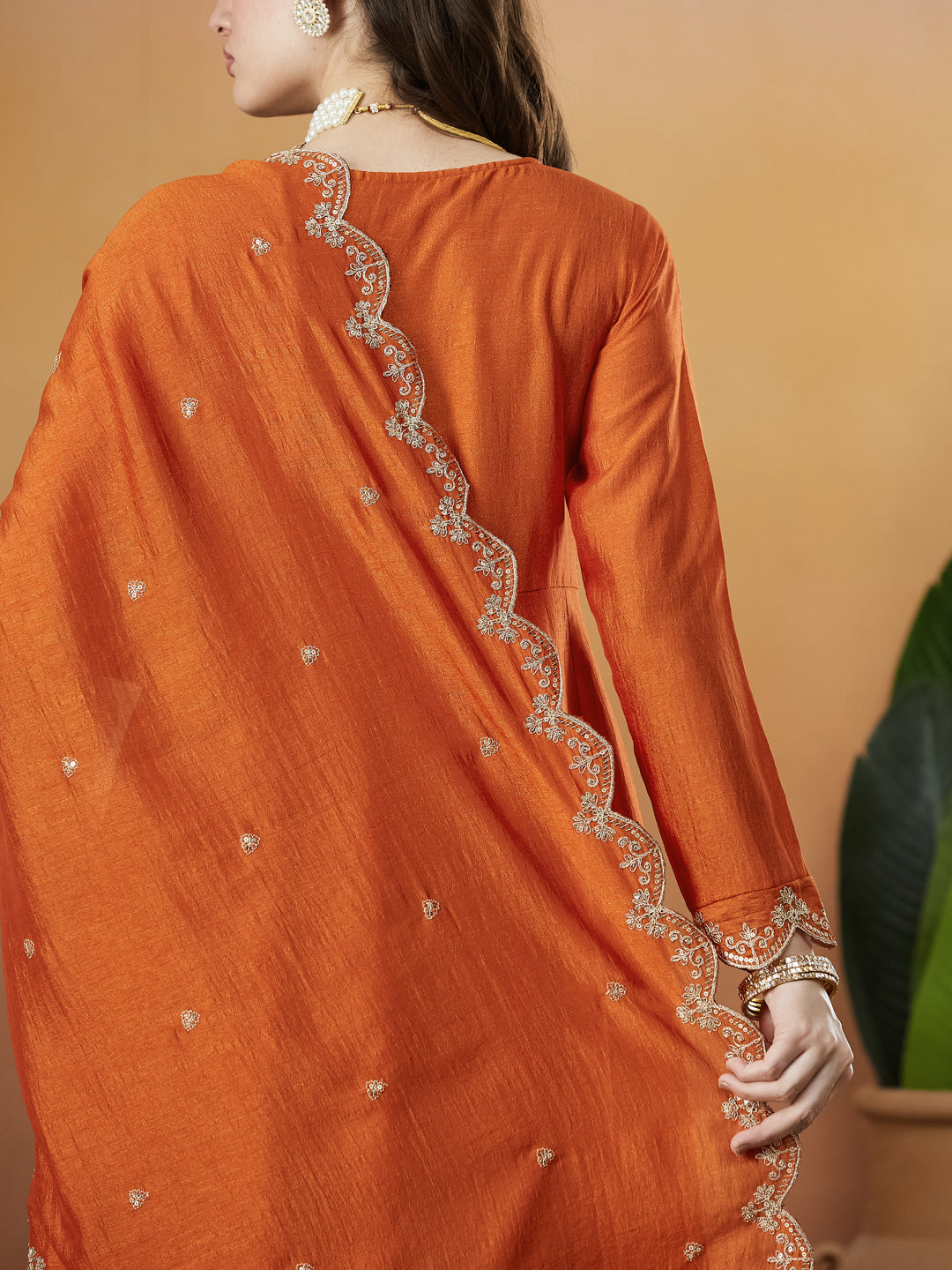 Orange Silk Embroidered Anarkali Kurta And Dupatta set