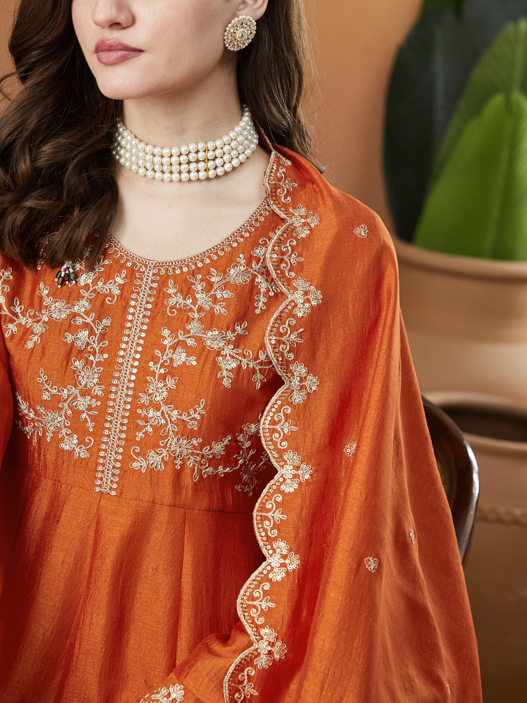 Orange Silk Embroidered Anarkali Kurta And Dupatta set