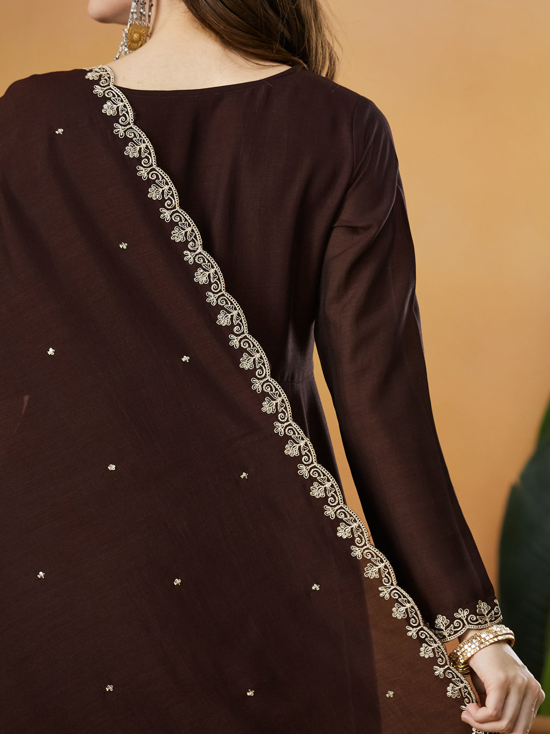 Coffee Embroidered Silk Anarkali kurta with Dupatta Set