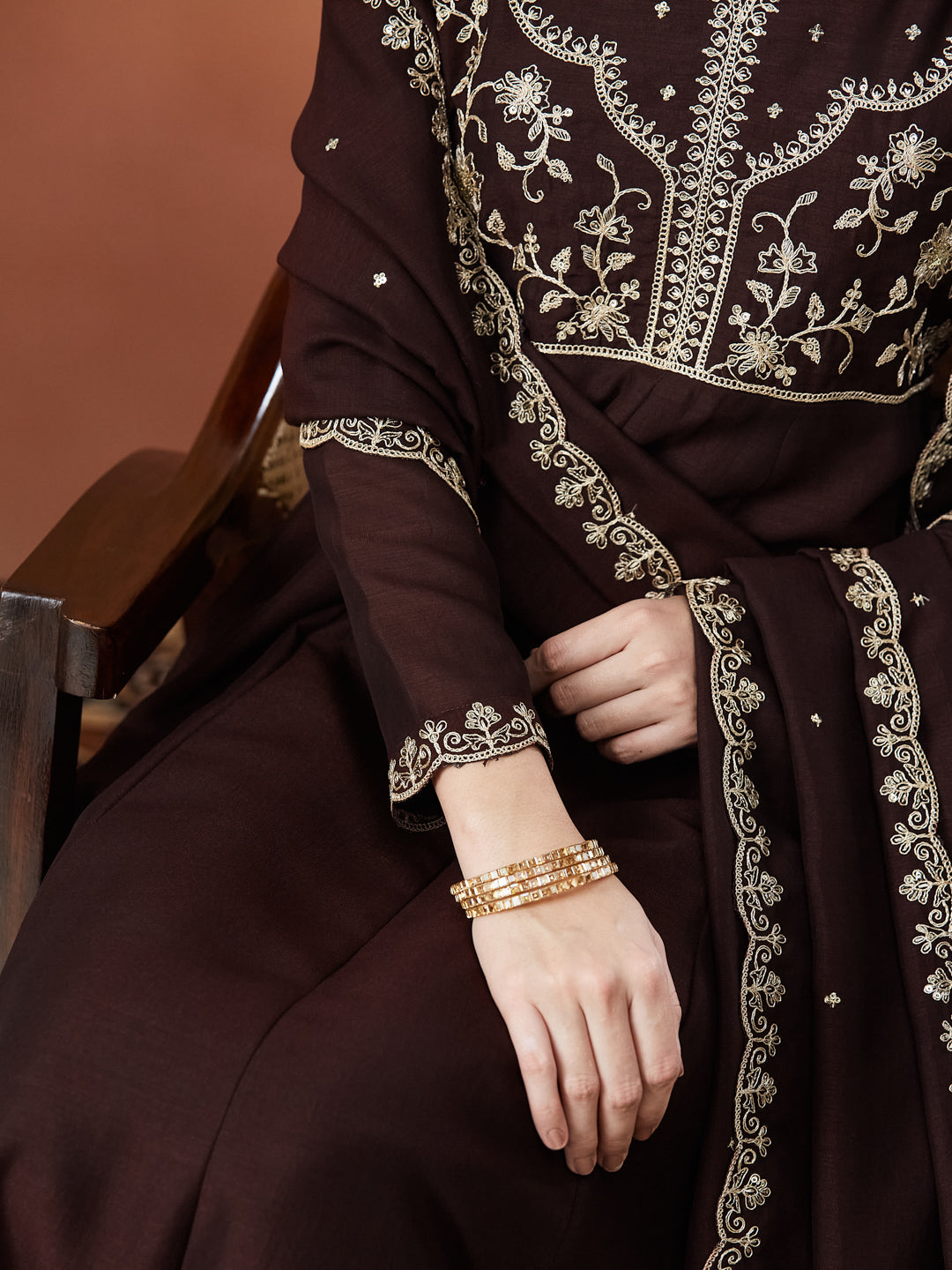 Coffee Embroidered Silk Anarkali kurta with Dupatta Set