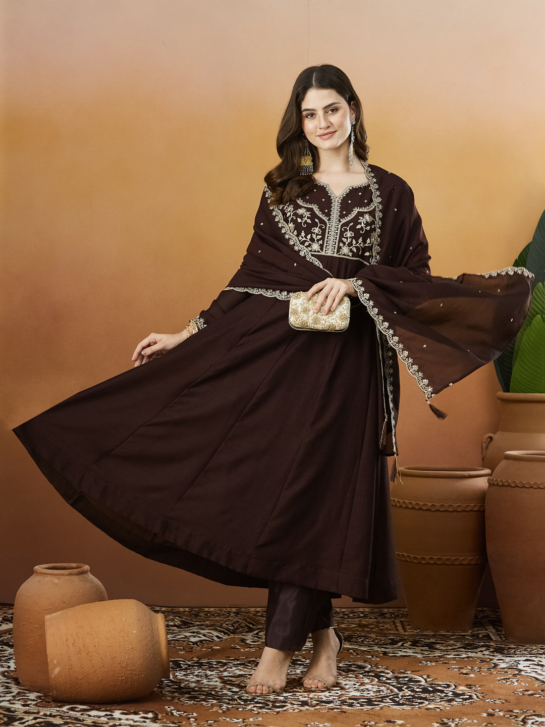 Coffee Embroidered Silk Anarkali kurta with Dupatta Set