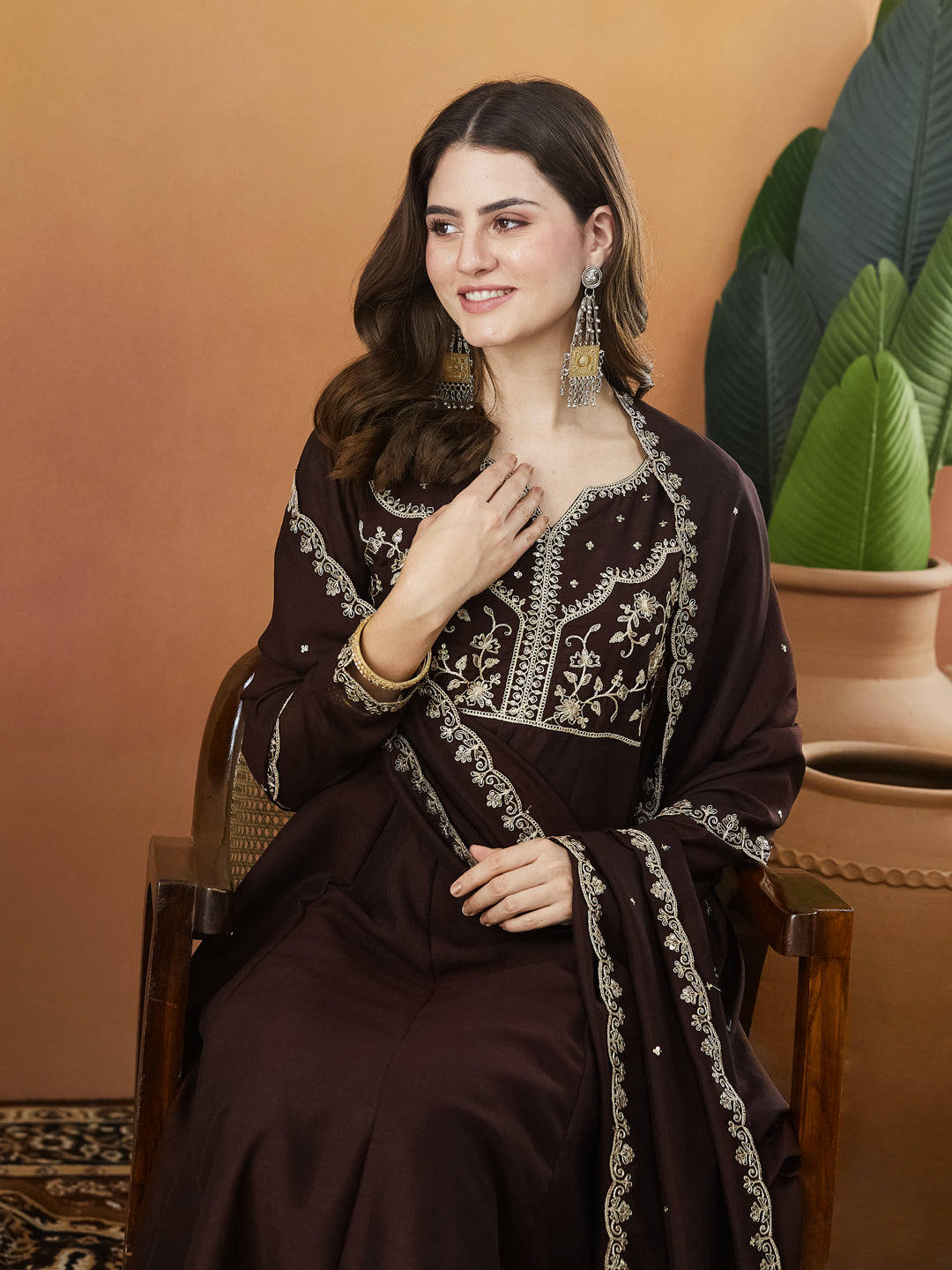 Coffee Embroidered Silk Anarkali kurta with Dupatta Set