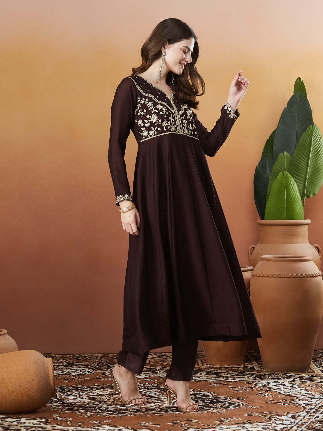 Coffee Embroidered Silk Anarkali kurta with Dupatta Set