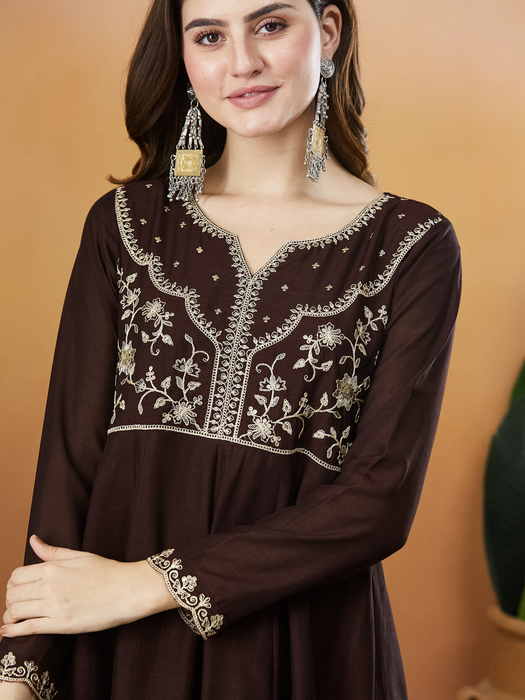 Coffee Embroidered Silk Anarkali kurta with Dupatta Set