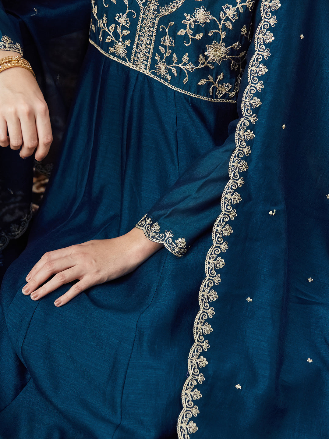 Teal Blue Embroidered Silk Anarkali kurta with Dupatta Set