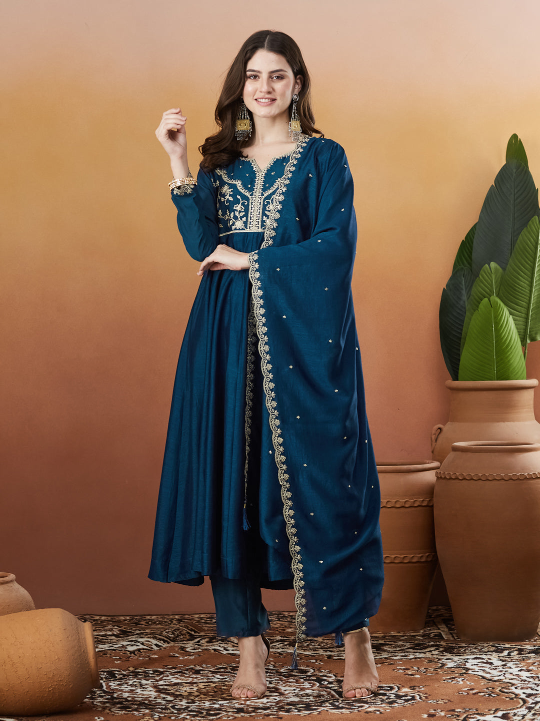 Teal Blue Embroidered Silk Anarkali kurta with Dupatta Set