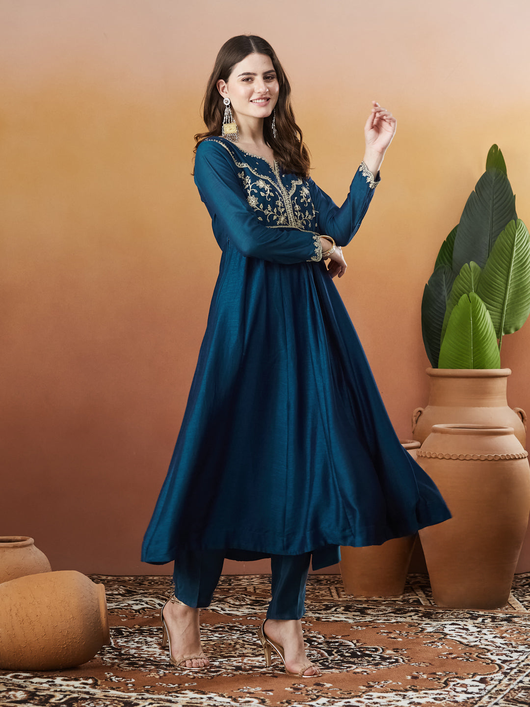 Teal Blue Embroidered Silk Anarkali kurta with Dupatta Set