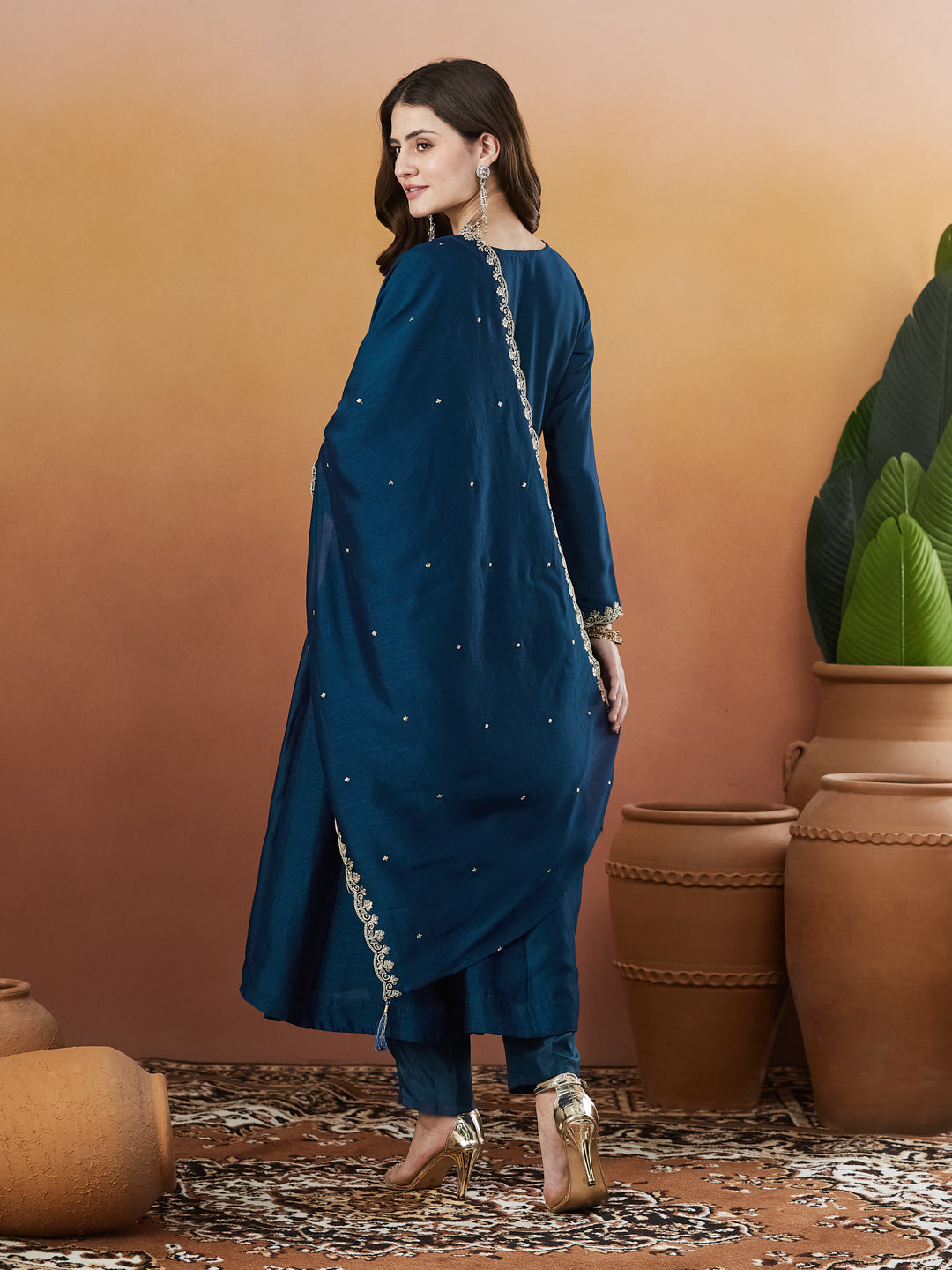 Teal Blue Embroidered Silk Anarkali kurta with Dupatta Set