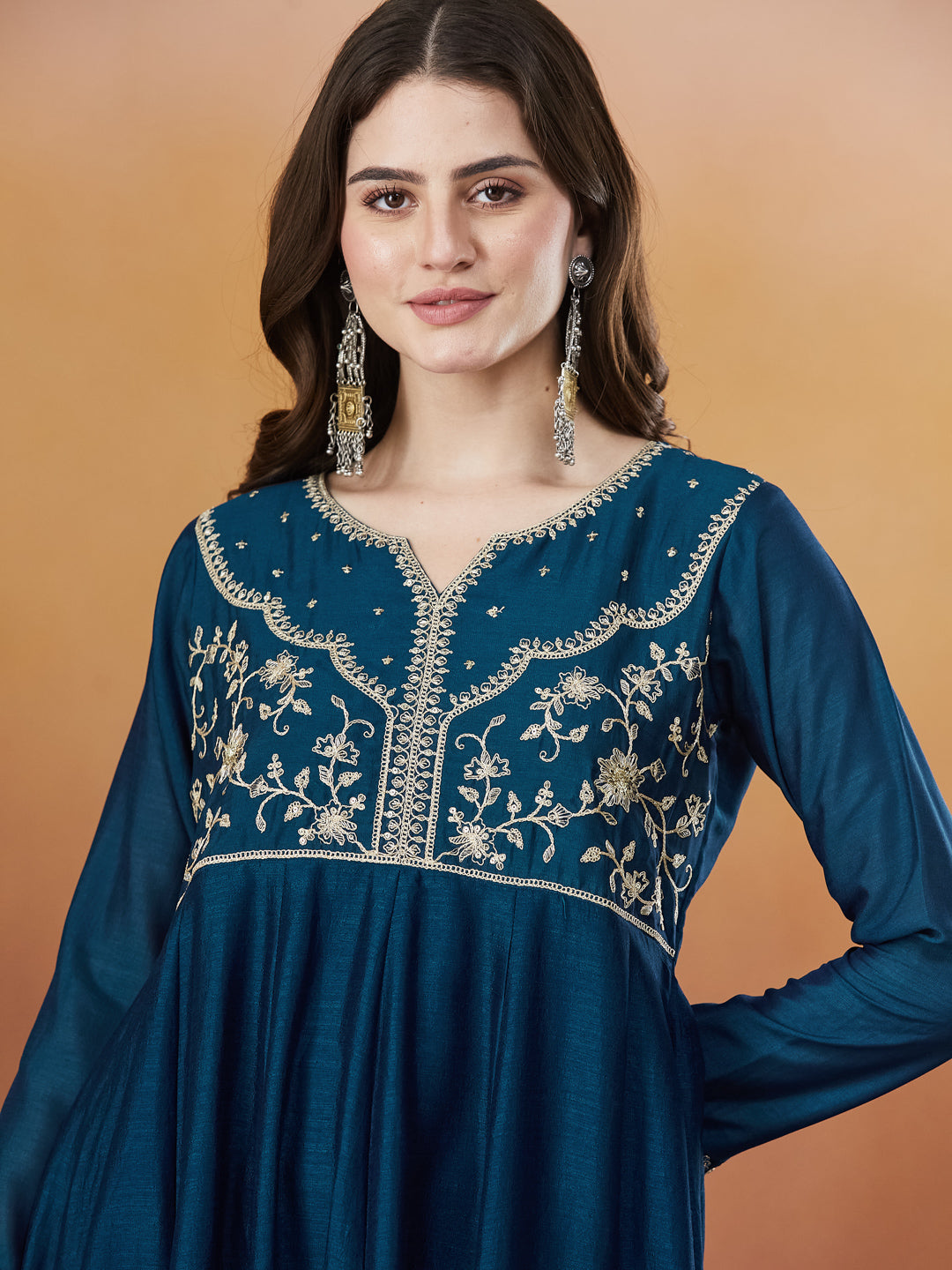 Teal Blue Embroidered Silk Anarkali kurta with Dupatta Set