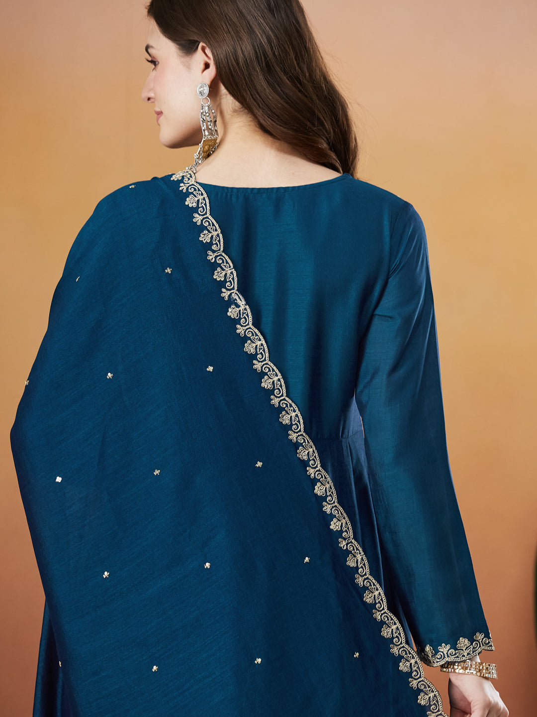 Teal Blue Embroidered Silk Anarkali kurta with Dupatta Set