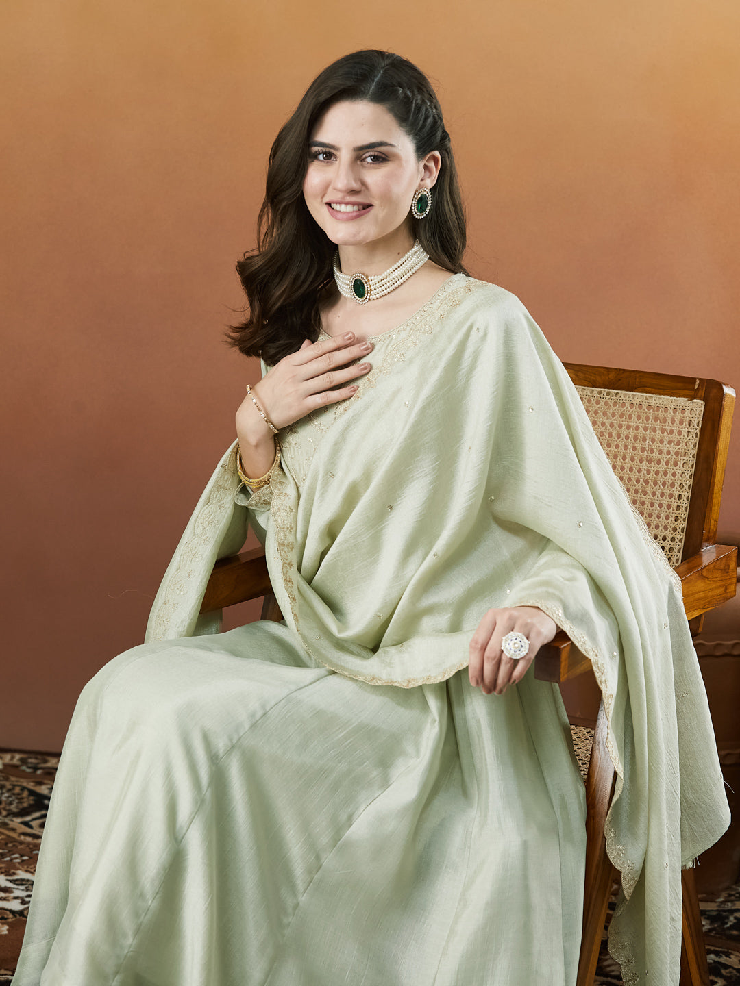 Pista Green Embroidered Silk Anarkali kurta with Dupatta Set