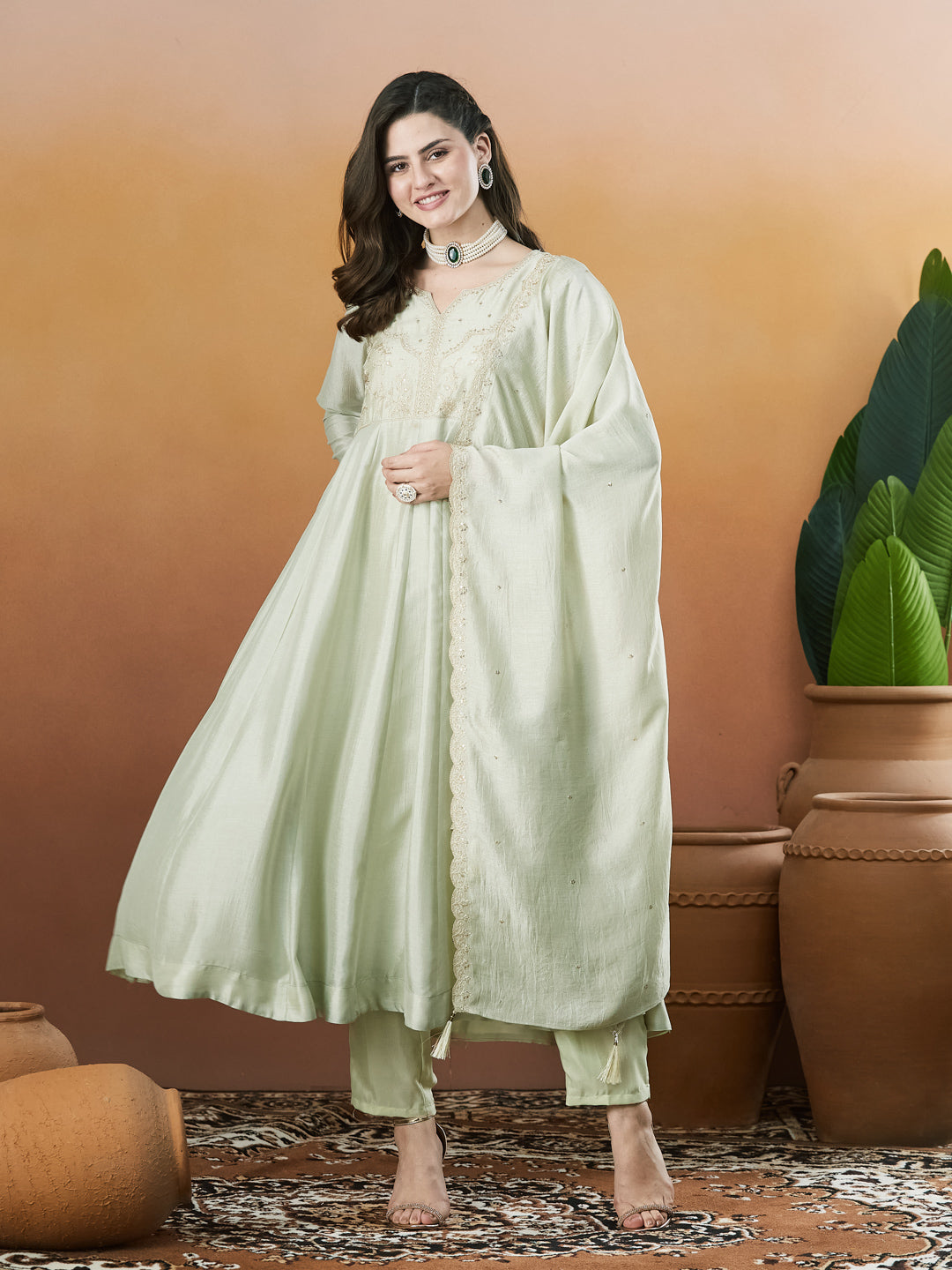 Pista Green Embroidered Silk Anarkali kurta with Dupatta Set