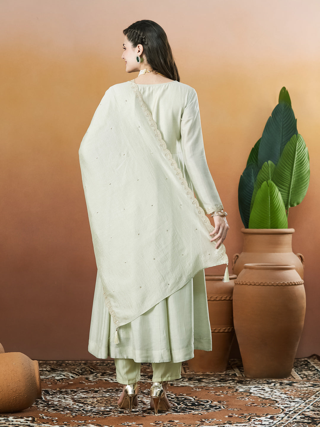 Pista Green Embroidered Silk Anarkali kurta with Dupatta Set