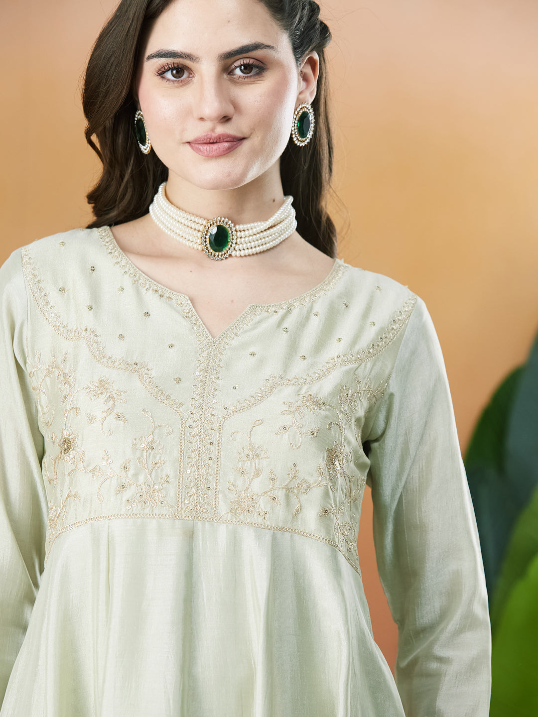 Pista Green Embroidered Silk Anarkali kurta with Dupatta Set