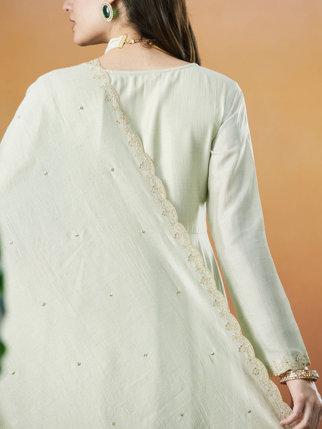 Pista Green Embroidered Silk Anarkali kurta with Dupatta Set