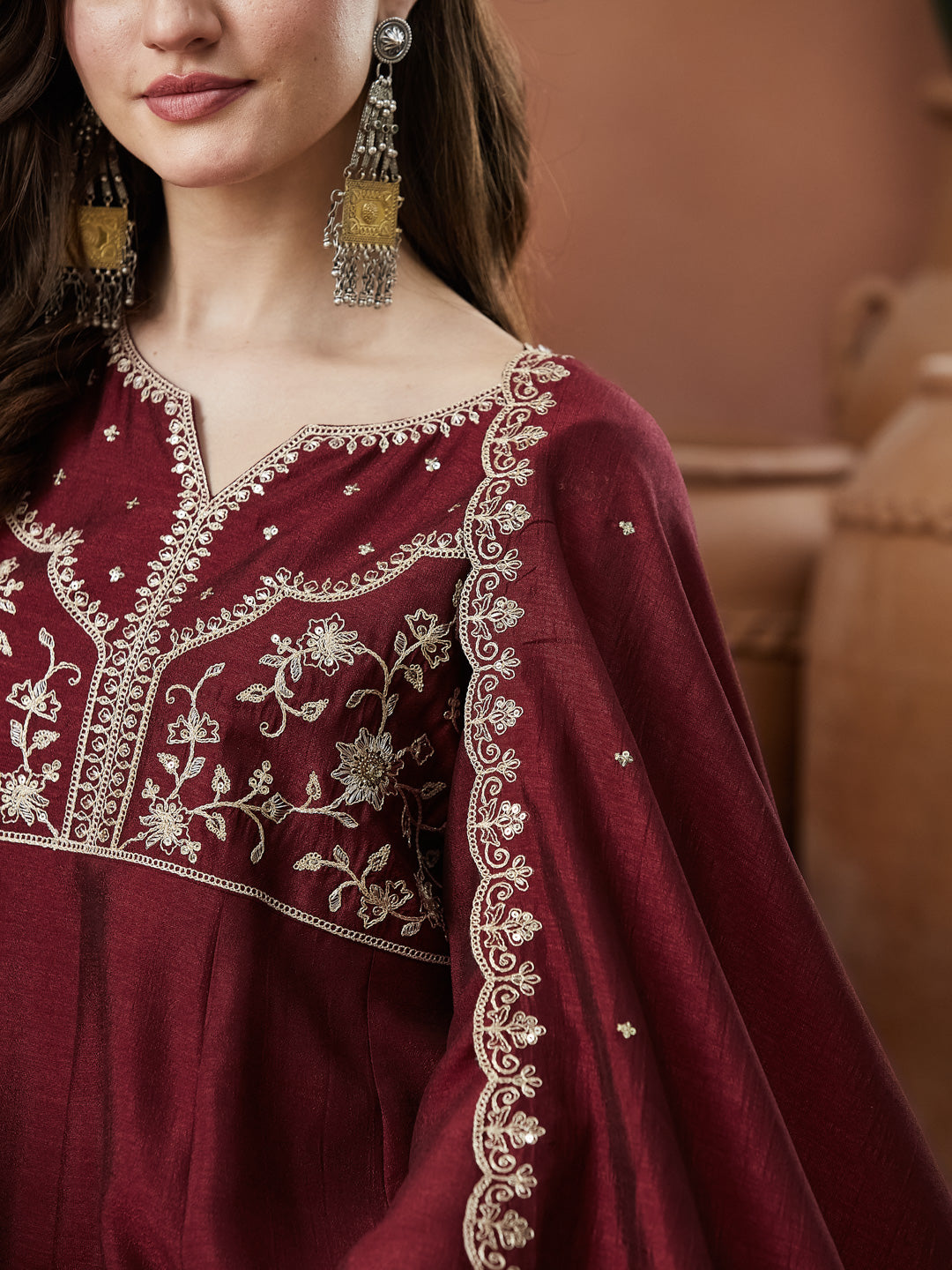 Berry Red Embroidered Silk Anarkali kurta with Dupatta Set