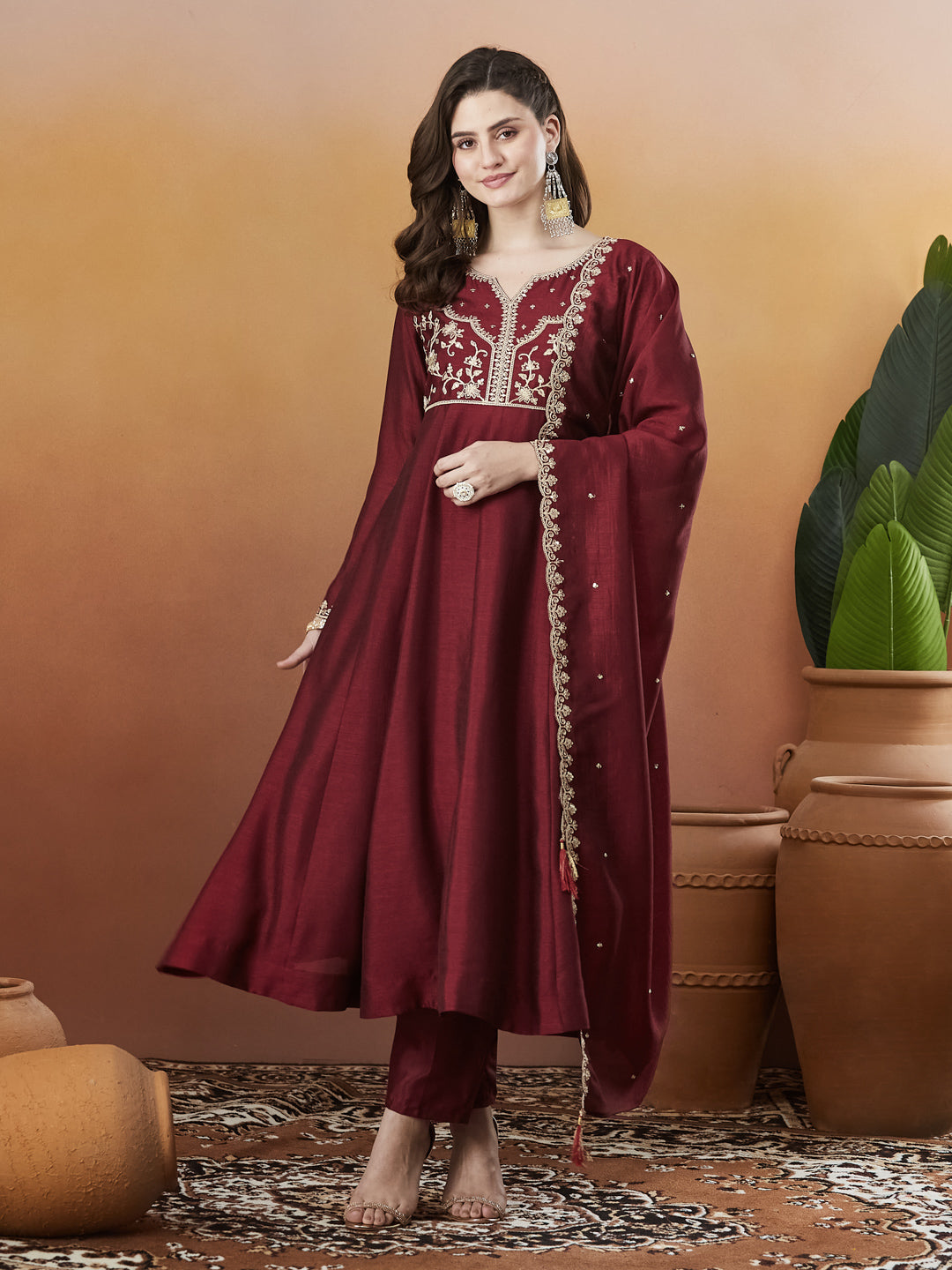 Berry Red Embroidered Silk Anarkali kurta with Dupatta Set