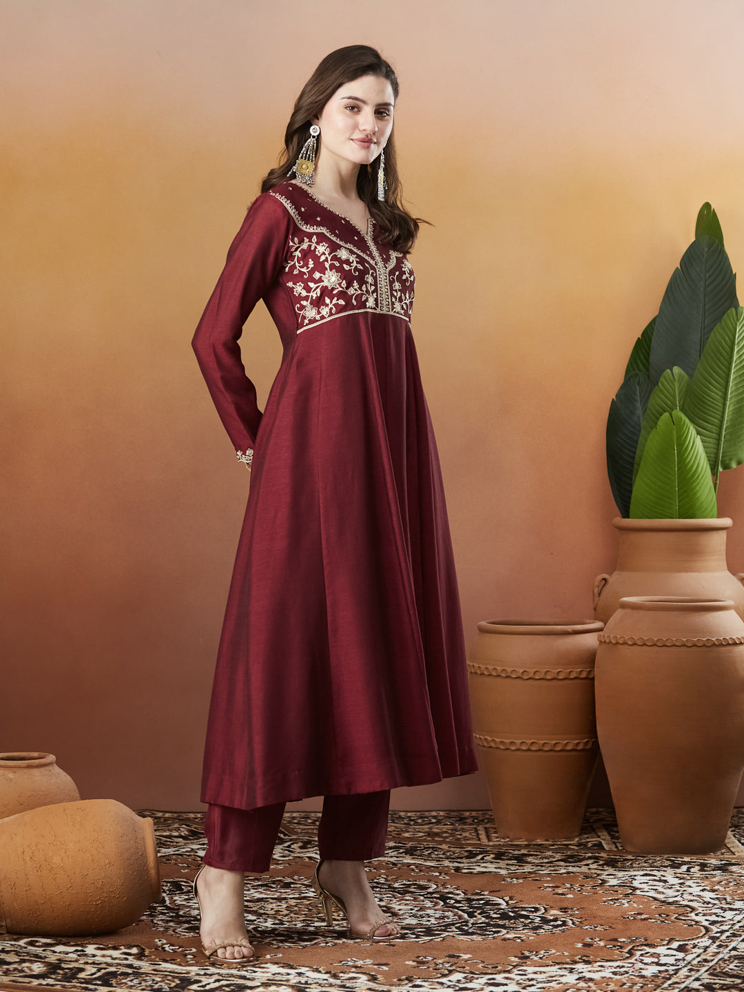 Berry Red Embroidered Silk Anarkali kurta with Dupatta Set