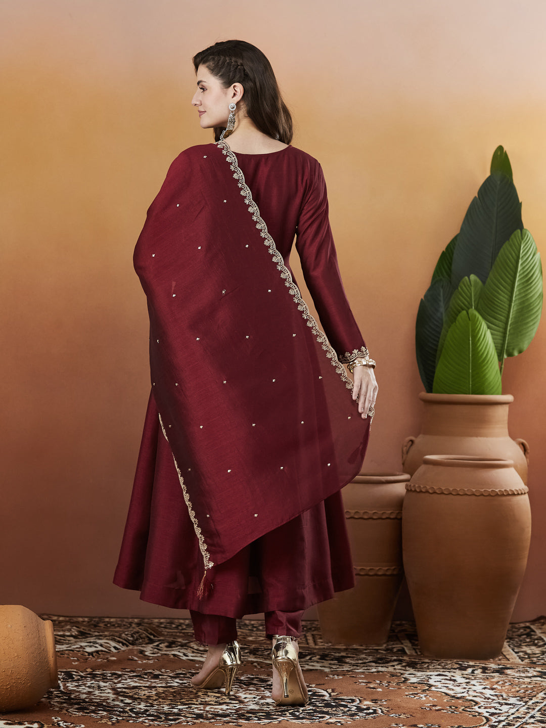 Berry Red Embroidered Silk Anarkali kurta with Dupatta Set