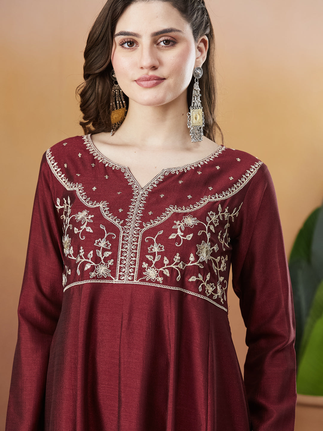 Berry Red Embroidered Silk Anarkali kurta with Dupatta Set