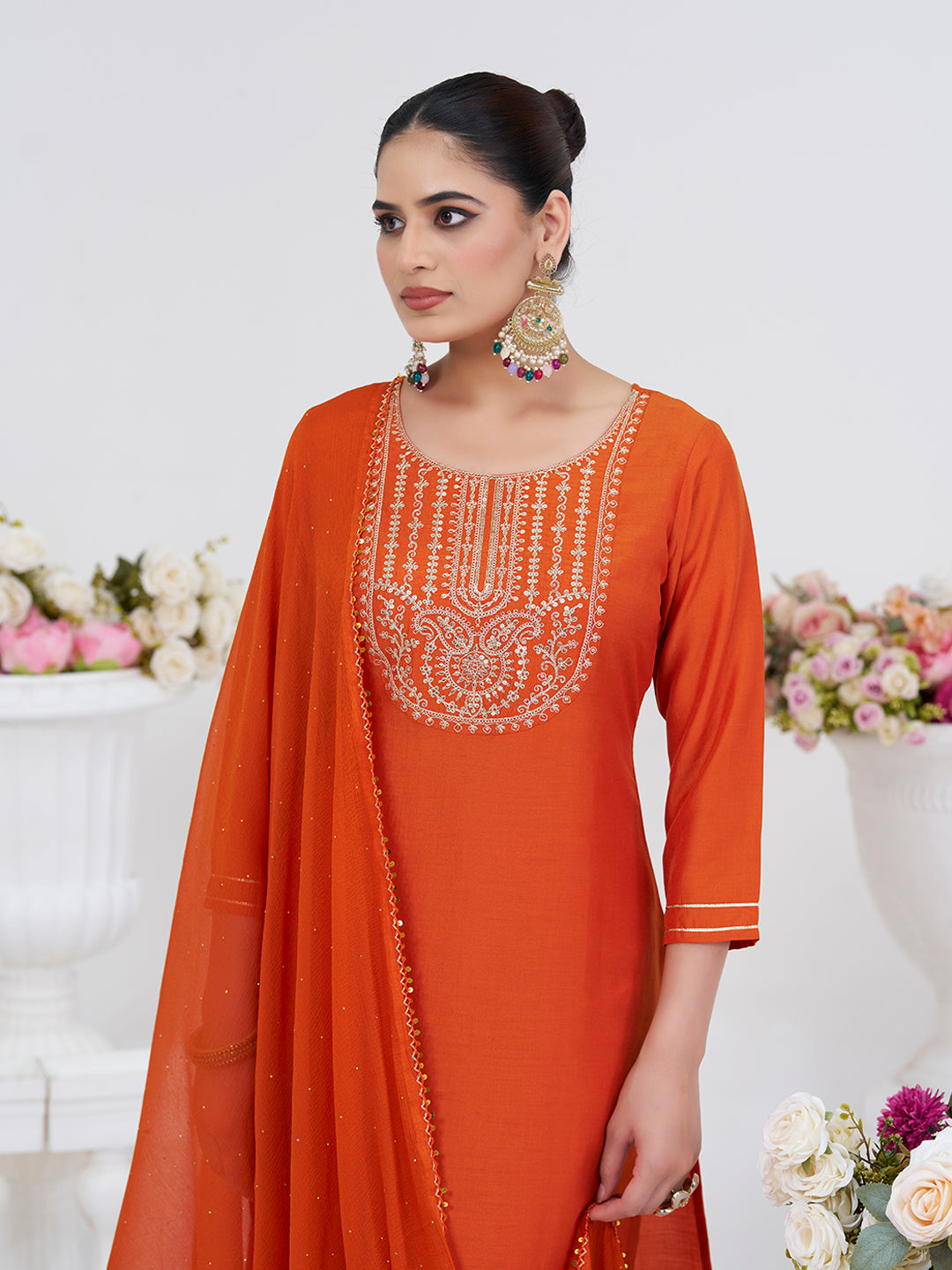 Orange Embroidered Chinon Kurta with Dupatta Set