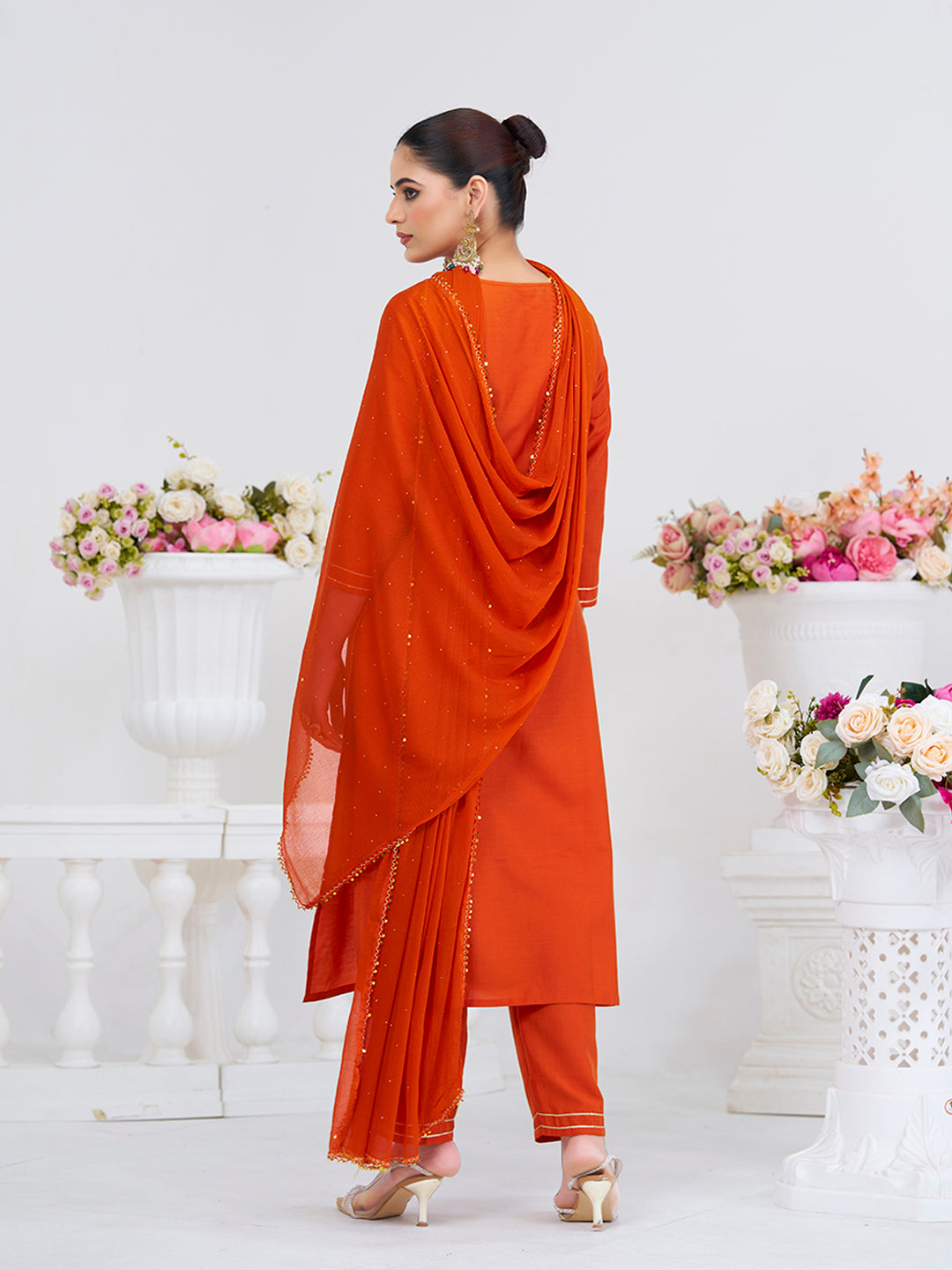 Orange Embroidered Chinon Kurta with Dupatta Set