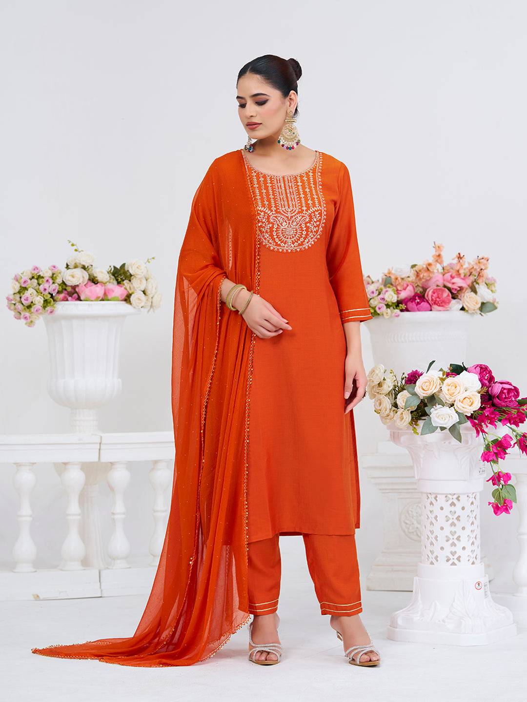 Orange Embroidered Chinon Kurta with Dupatta Set