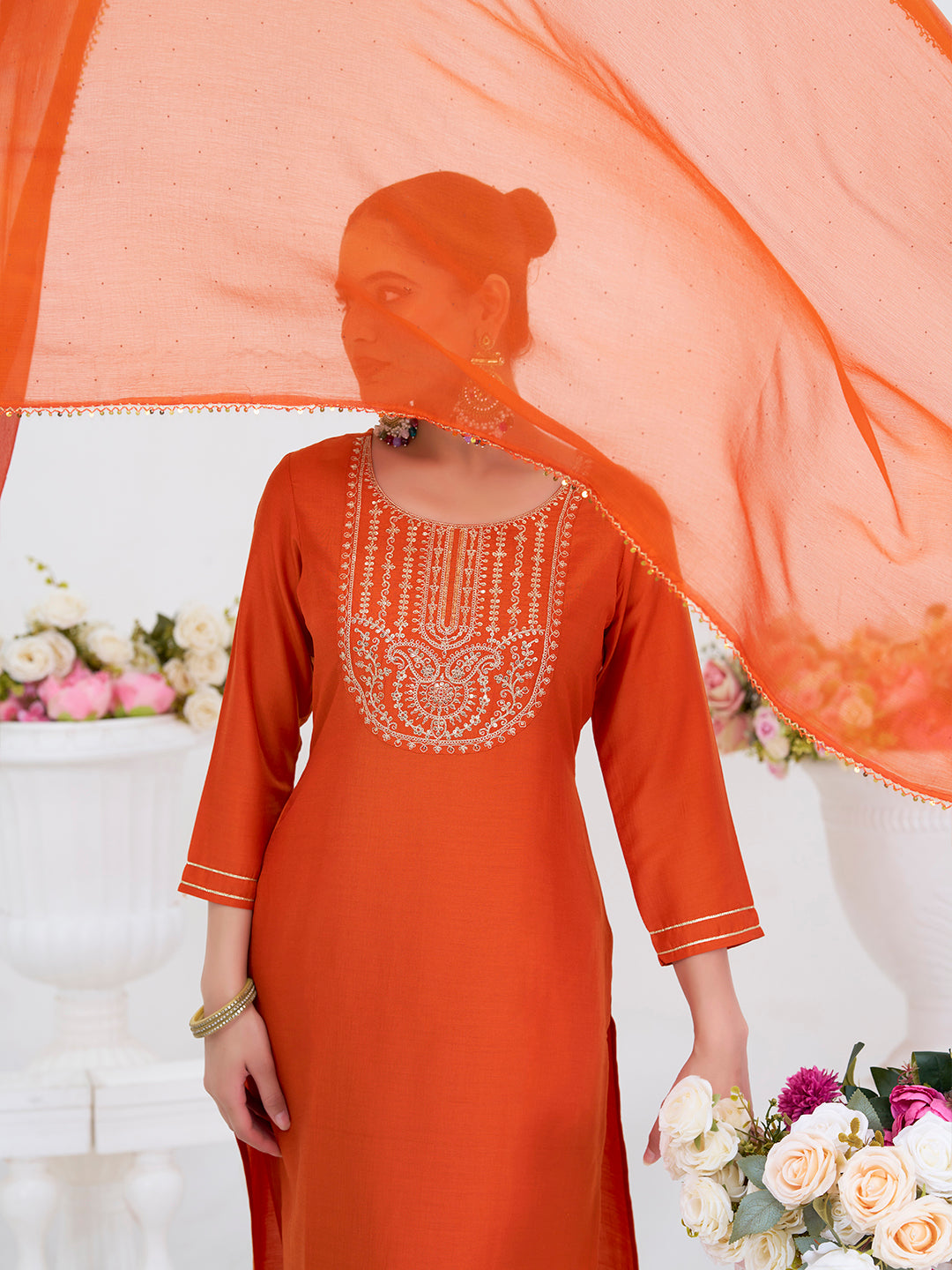 Orange Embroidered Chinon Kurta with Dupatta Set