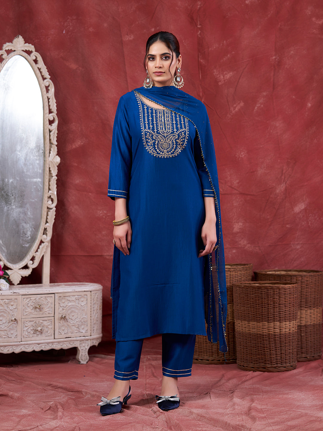 Teal Blue Embroidered Chinon Kurta with Dupatta Set