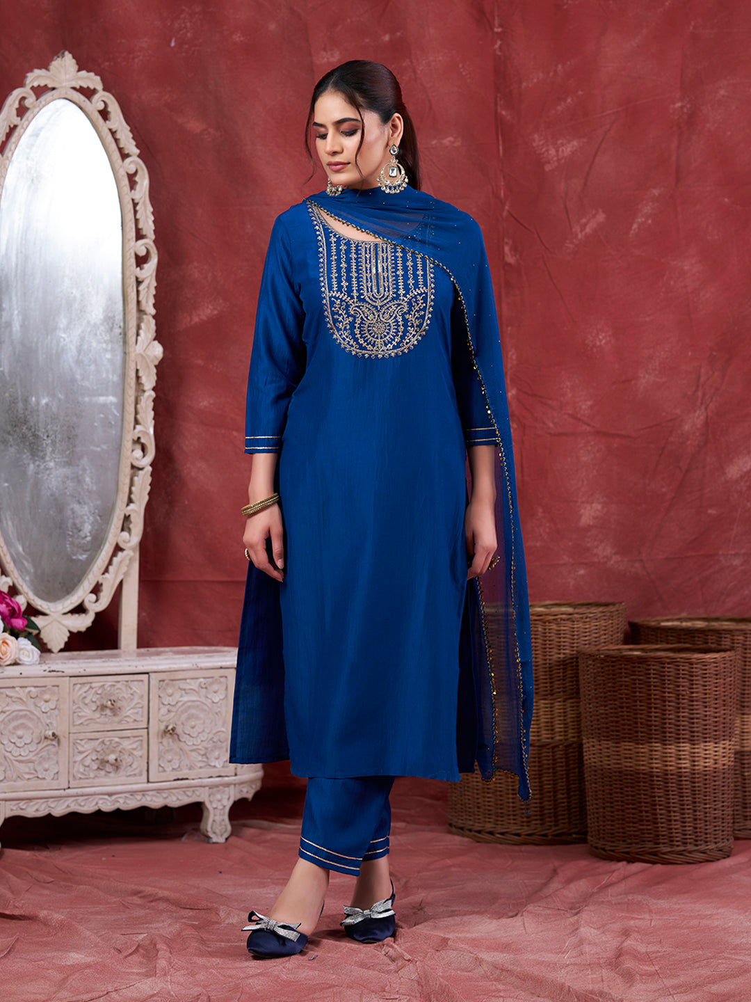 Teal Blue Embroidered Chinon Kurta with Dupatta Set