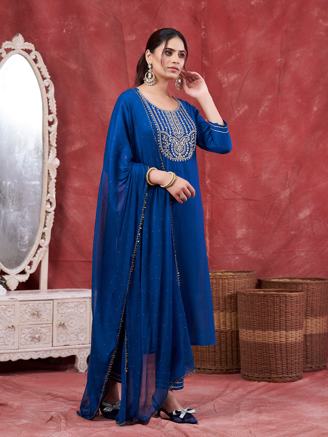 Teal Blue Embroidered Chinon Kurta with Dupatta Set