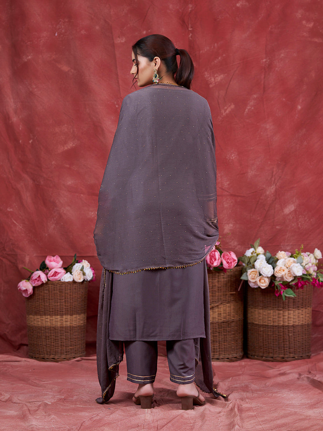 Grey Embroidered Chinon Kurta with Dupatta Set