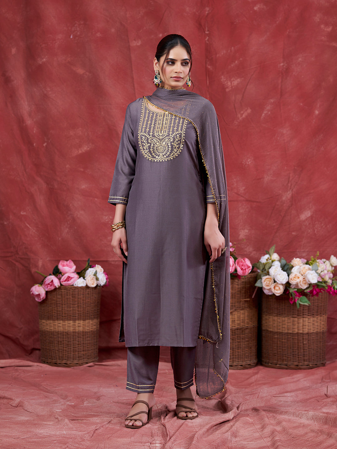 Grey Embroidered Chinon Kurta with Dupatta Set