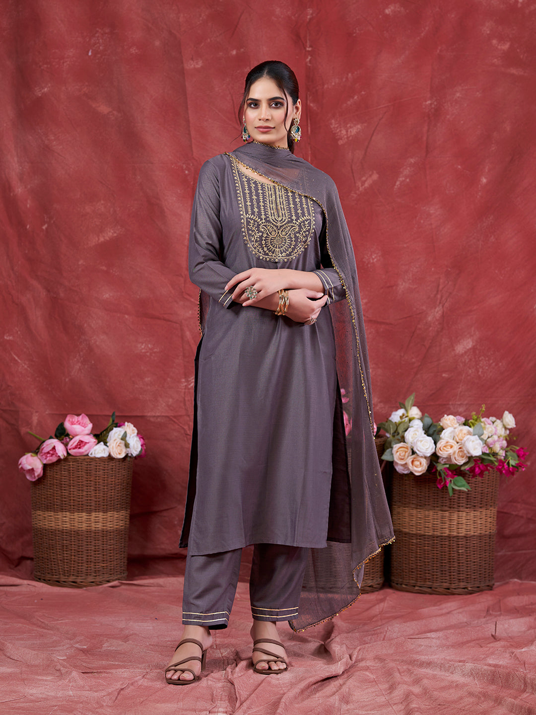 Grey Embroidered Chinon Kurta with Dupatta Set