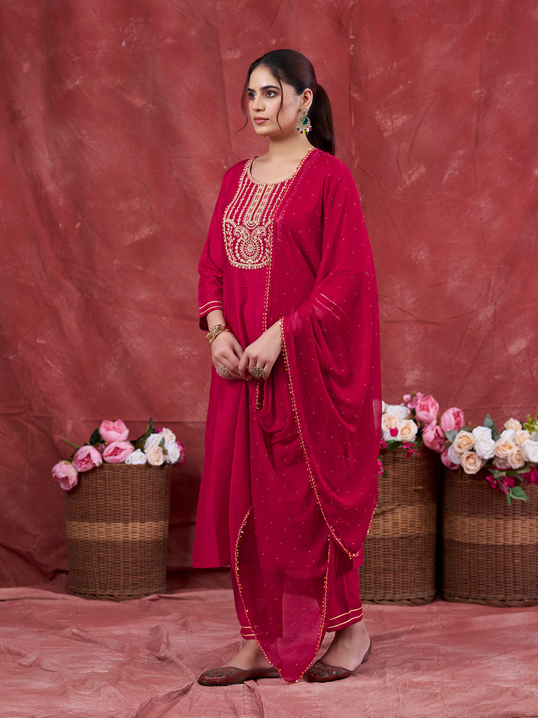 Rani Embroidered Chinon Kurta with Dupatta Set