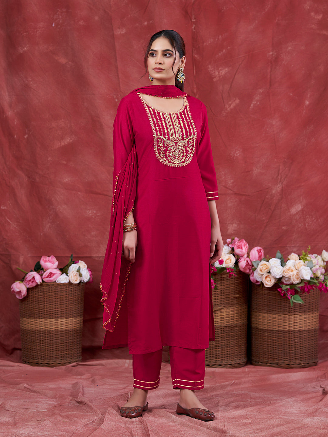 Rani Embroidered Chinon Kurta with Dupatta Set