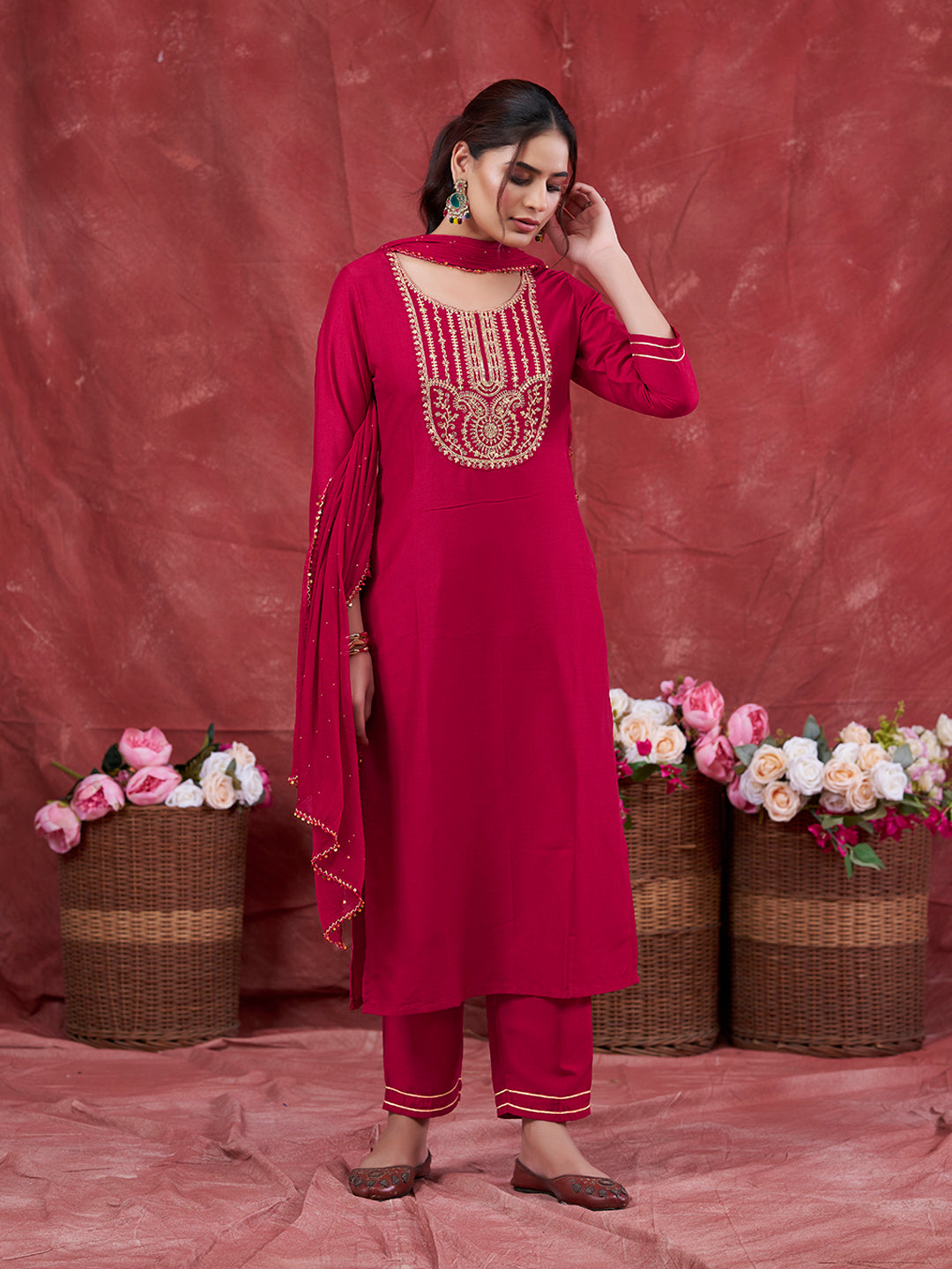 Rani Embroidered Chinon Kurta with Dupatta Set