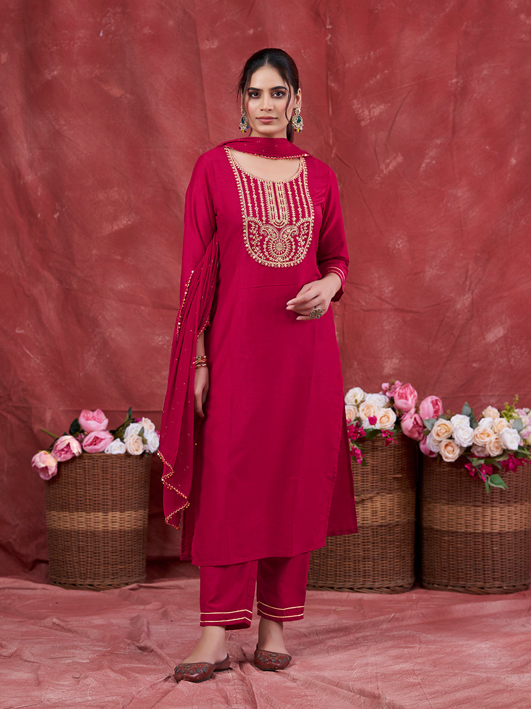 Rani Embroidered Chinon Kurta with Dupatta Set