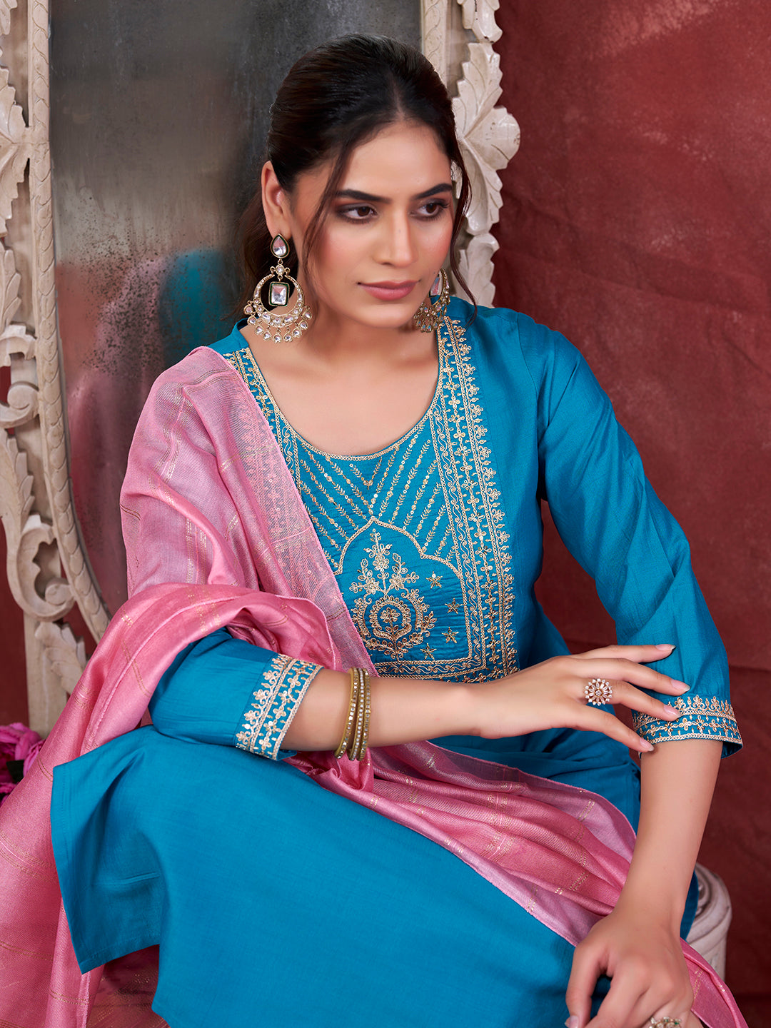 Blue Embroidered Chinon Kurta with Dupatta Set