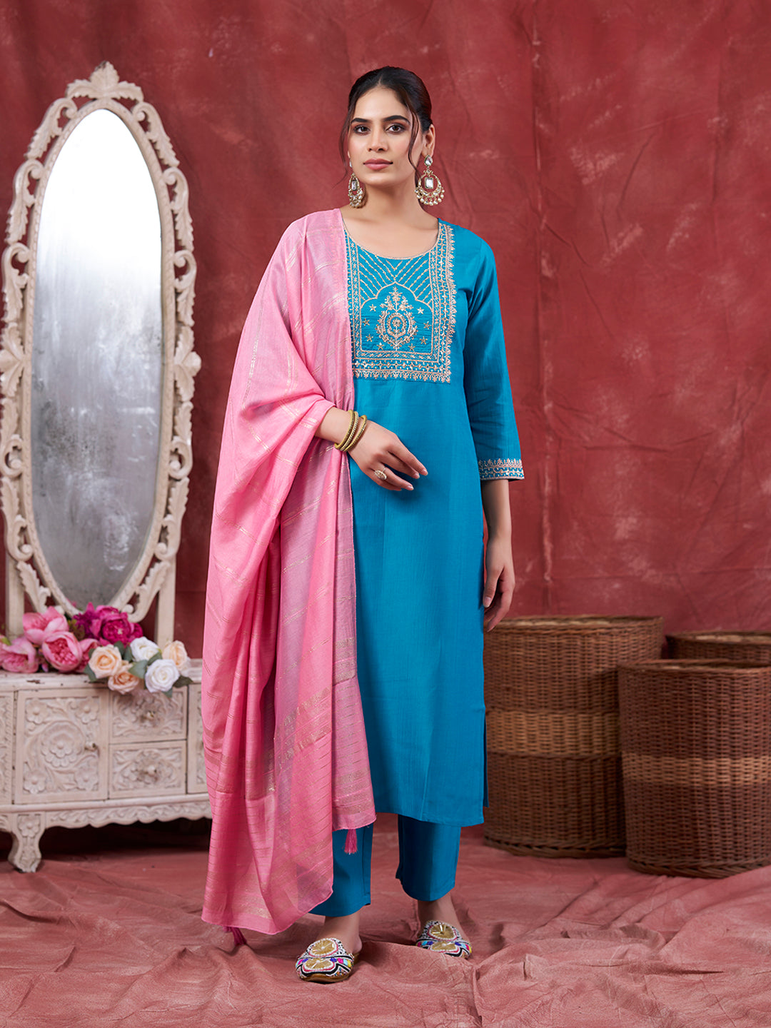 Blue Embroidered Chinon Kurta with Dupatta Set