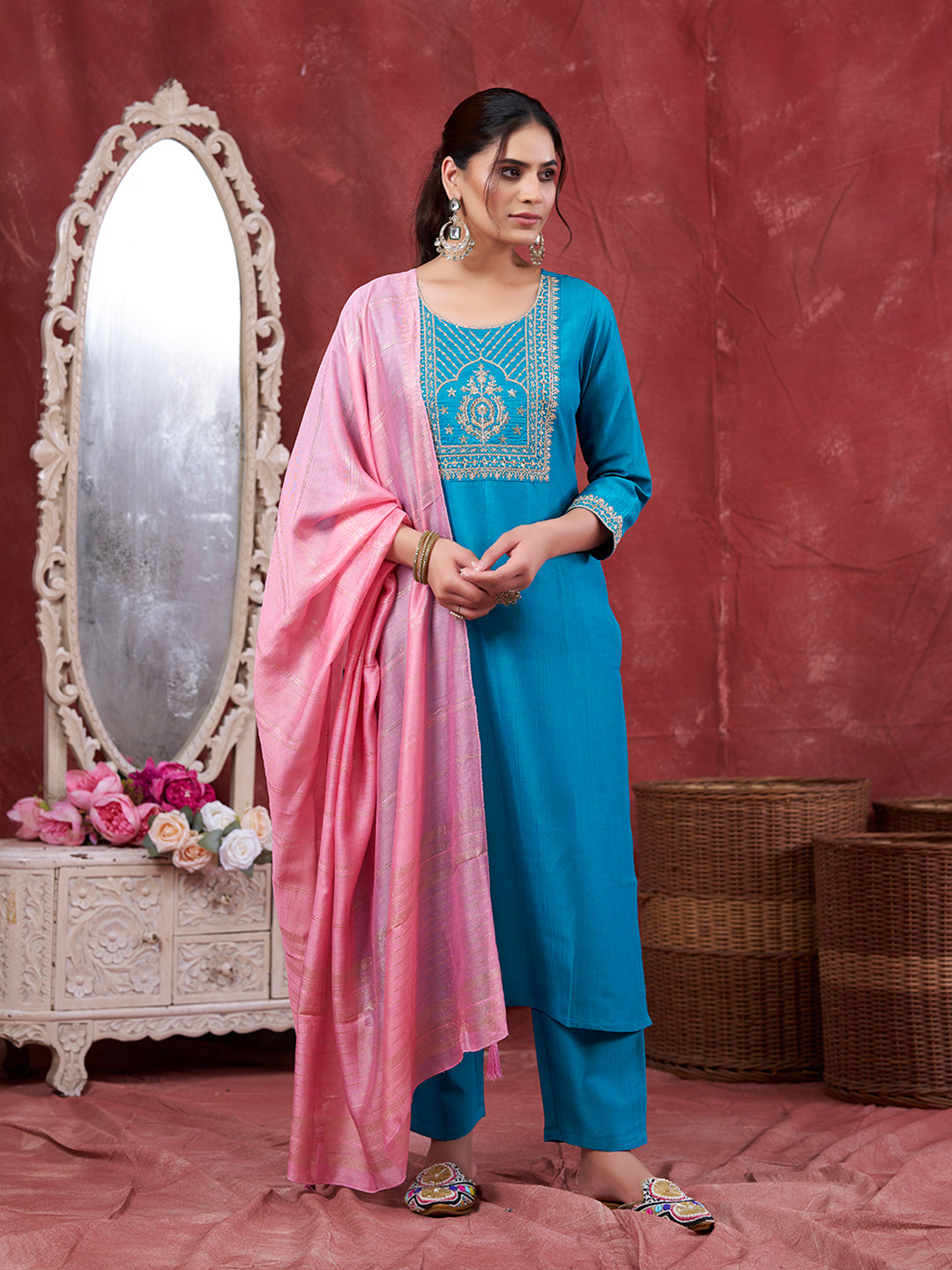 Blue Embroidered Chinon Kurta with Dupatta Set