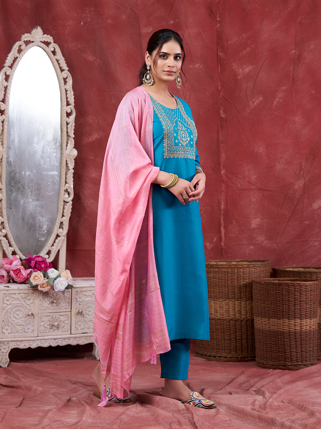 Blue Embroidered Chinon Kurta with Dupatta Set