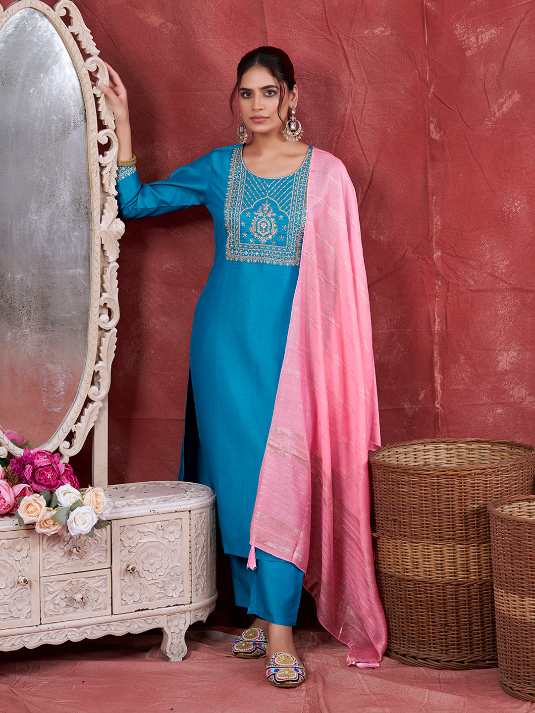 Blue Embroidered Chinon Kurta with Dupatta Set