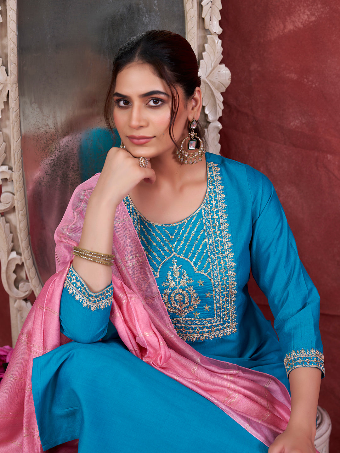 Blue Embroidered Chinon Kurta with Dupatta Set