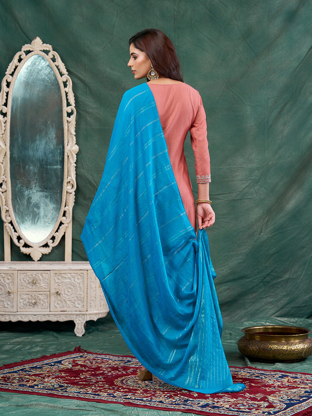 Peach Embroidered Chinon Kurta with Dupatta Set