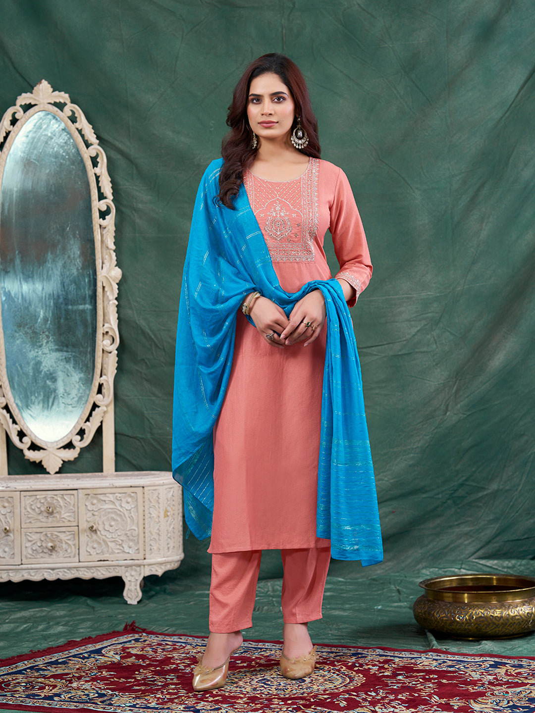 Peach Embroidered Chinon Kurta with Dupatta Set