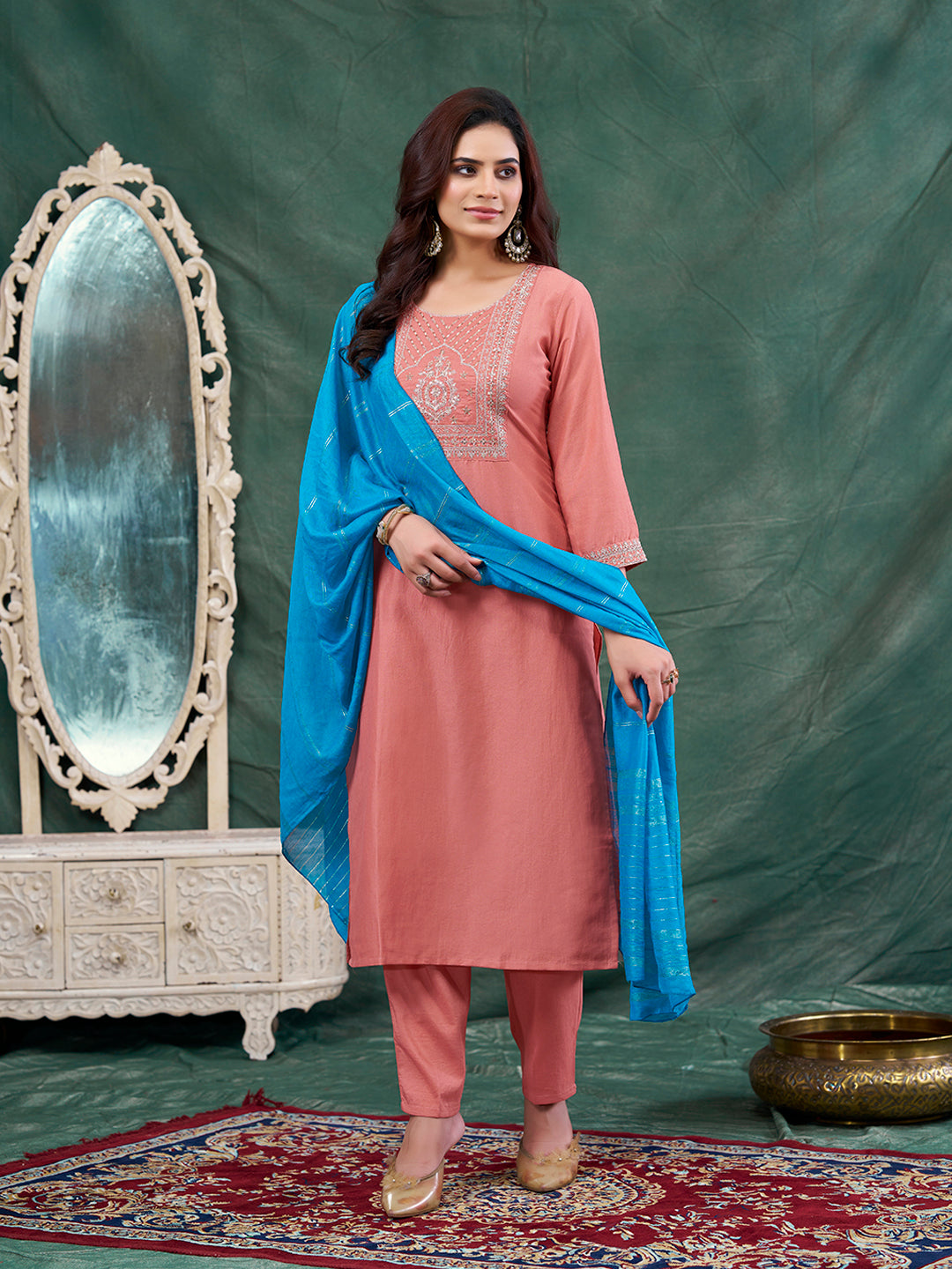 Peach Embroidered Chinon Kurta with Dupatta Set