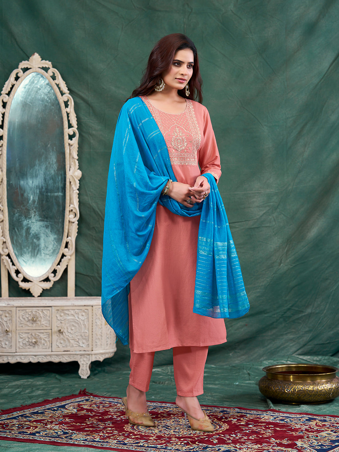 Peach Embroidered Chinon Kurta with Dupatta Set